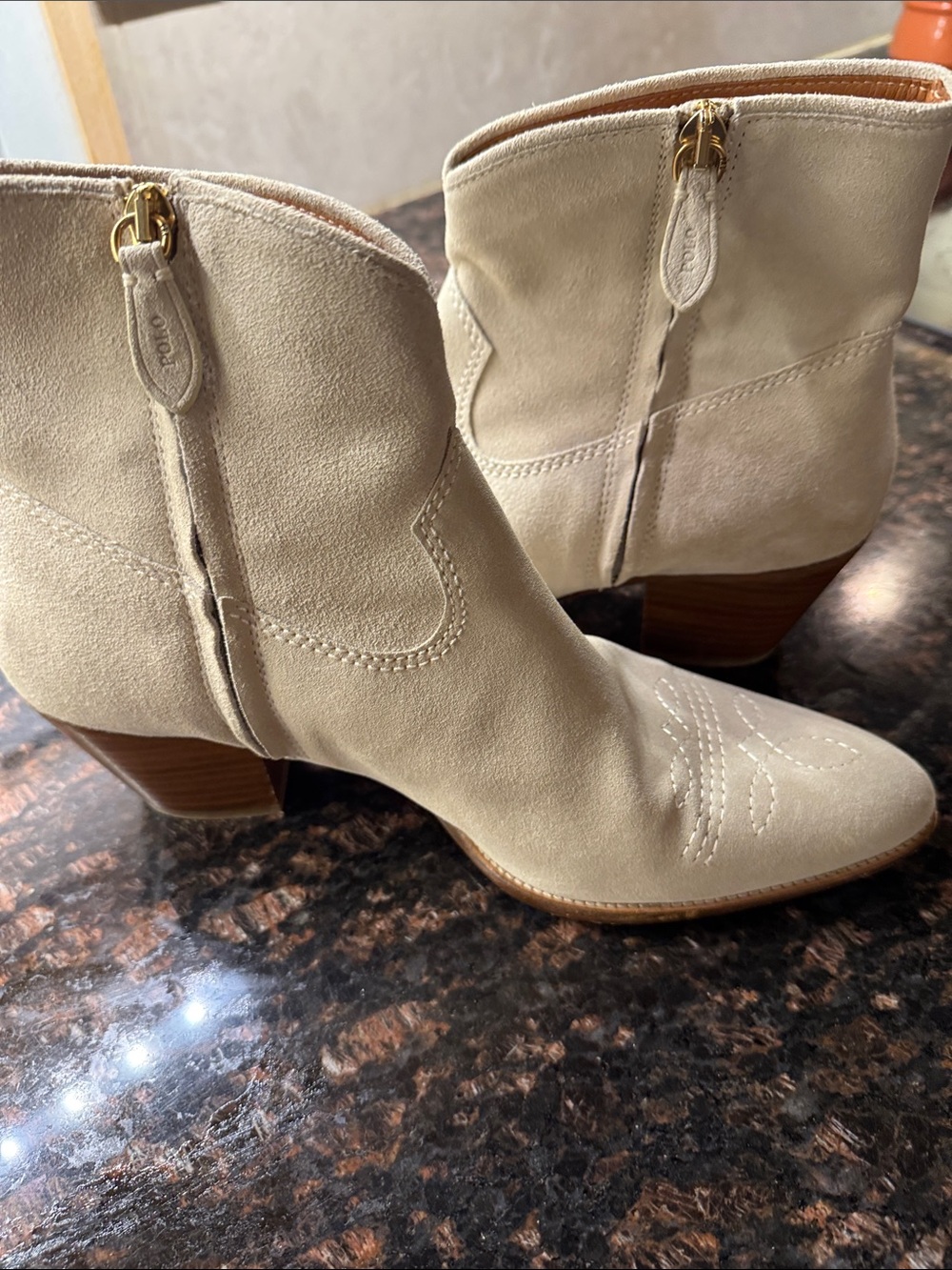 POLO RALPH LAUREN  Beige Suede Pointed Ankle Booties with Side Zip
